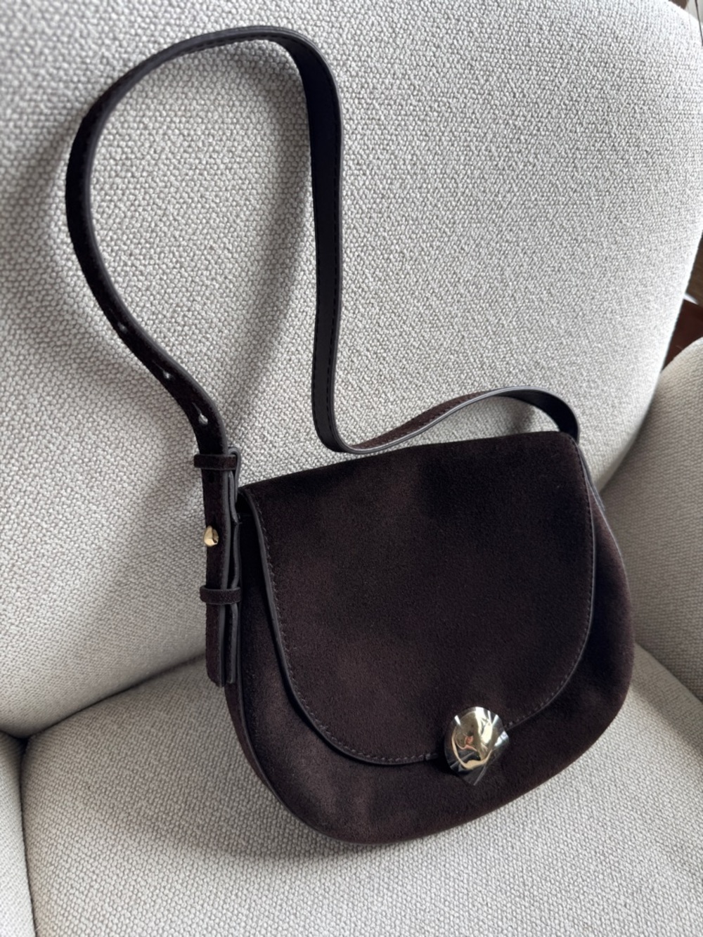 NWT! MADEWELL The Dakota Shoulder Saddle Bag in Dark Carob Suede, Gold Hardware